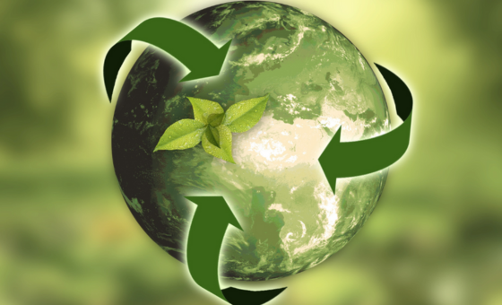 grøn planet, med genbrugspile omkring og en plante